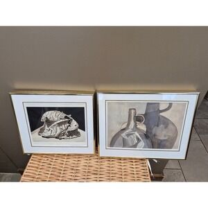 Vintage Signed Watercolor Pair Still Life Brass Tone Frames Modernist Wall Art